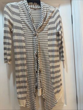 Three Dots Striped Open-Front Cardigan in Gray and Cream